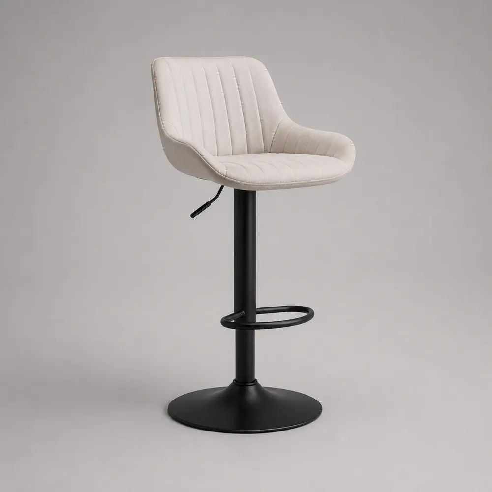 Höhenverstellbarer Barhocker aus Stoff und Stahl mit Rückenlehne, Beige/Schwarz, 48 × 52 × 88–109 cm