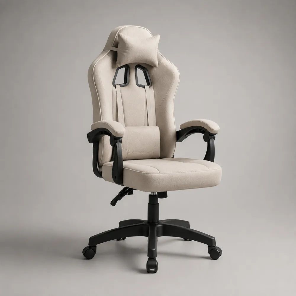 Gaming-Bürostuhl aus Stoff und Metall mit hoher Rückenlehne, Nacken- und Lendenkissen, Beige/Schwarz, 68 x 68 x 120–130 cm