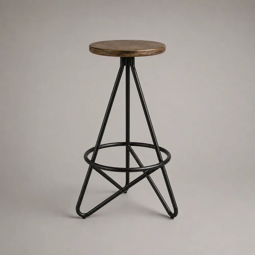 Barhocker mit rundem Holzsitz und schwarzem Stahlgestell, Braun/Schwarz, 43 × 43 × 76 cm