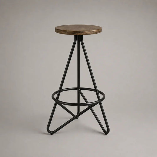 Barhocker mit rundem Holzsitz und schwarzem Stahlgestell, Braun/Schwarz, 43 × 43 × 76 cm