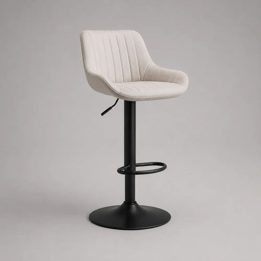 Höhenverstellbarer Barhocker aus Stoff und Stahl mit Rückenlehne, Beige/Schwarz, 48 × 52 × 88–109 cm