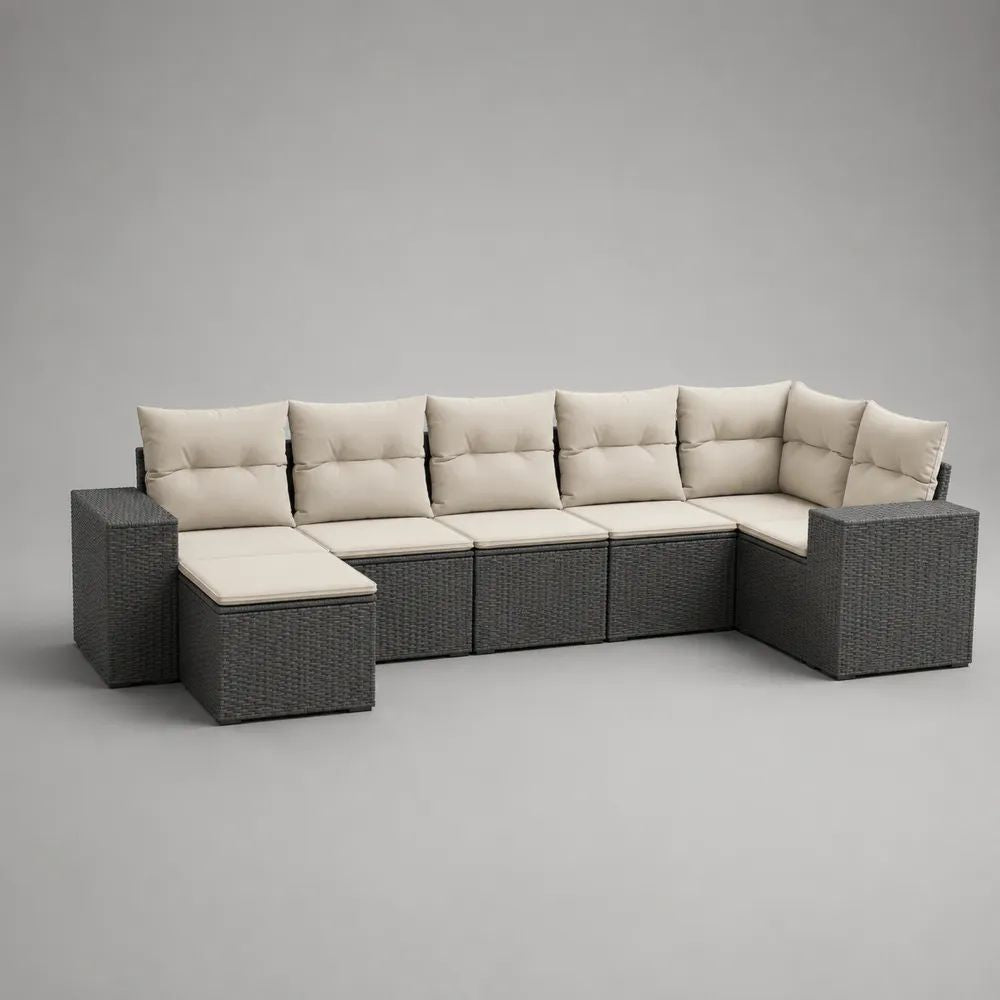 5-teiliges Gartenlounge-Set für den Außenbereich, 6-Sitzer aus PE-Rattan mit Stahlgestell, U-Form, Dunkelgrau/Creme, ca. 340 × 180 × 85 cm