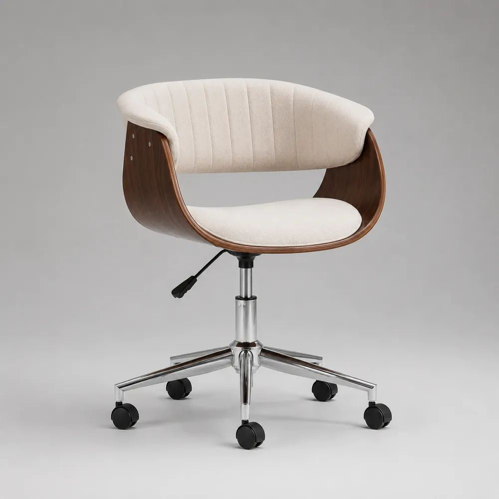Höhenverstellbarer Bürodrehstuhl mit Polyesterbezug und gerundeter Schichtholzschale, Creme/Walnussbraun, 60 × 60 × 78–88 cm
