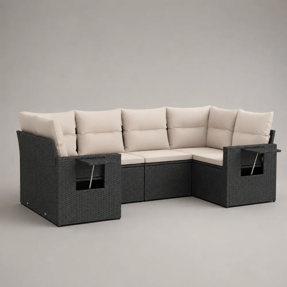 L-förmiges Gartenlounge-Ecksofa-Set aus PE-Rattan mit Stahlgestell, 4-Sitzer mit Sitz- und Rückenkissen, Anthrazit/Creme, 220 × 165 × 74 cm