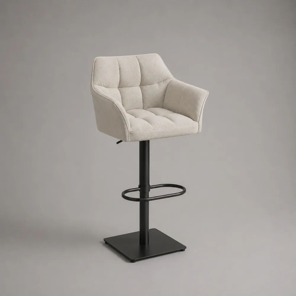 Drehbarer Barhocker mit Armlehnen, höhenverstellbar, Polyester-Bouclé, Cremeweiß/Schwarz, 55 × 52 × 88–108 cm