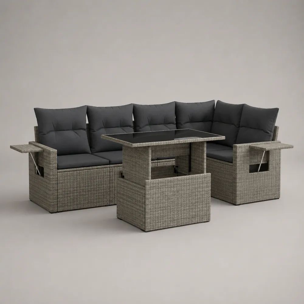 3-teiliges Gartenlounge-Set in L-Form aus PE-Rattan mit höhenverstellbarem Tisch, Grau/Anthrazit/Schwarz, 253 x 193 x 85 cm