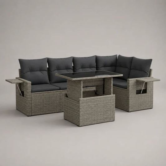 3-teiliges Gartenlounge-Set in L-Form aus PE-Rattan mit höhenverstellbarem Tisch, Grau/Anthrazit/Schwarz, 253 x 193 x 85 cm
