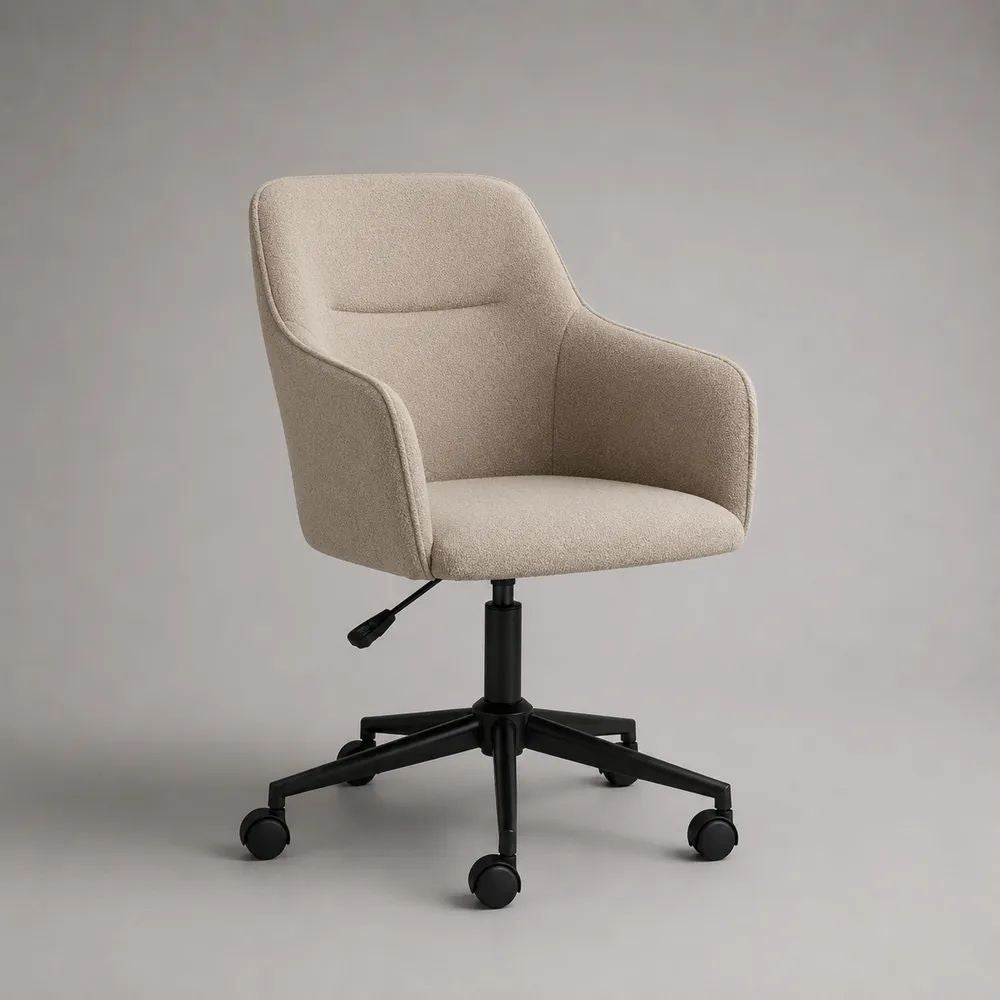 Bürostuhl Drehstuhl höhenverstellbar mit Armlehnen, Polyester-Bouclé Beige, schwarzer Stahlfuß, 60 × 60 × 82–92 cm