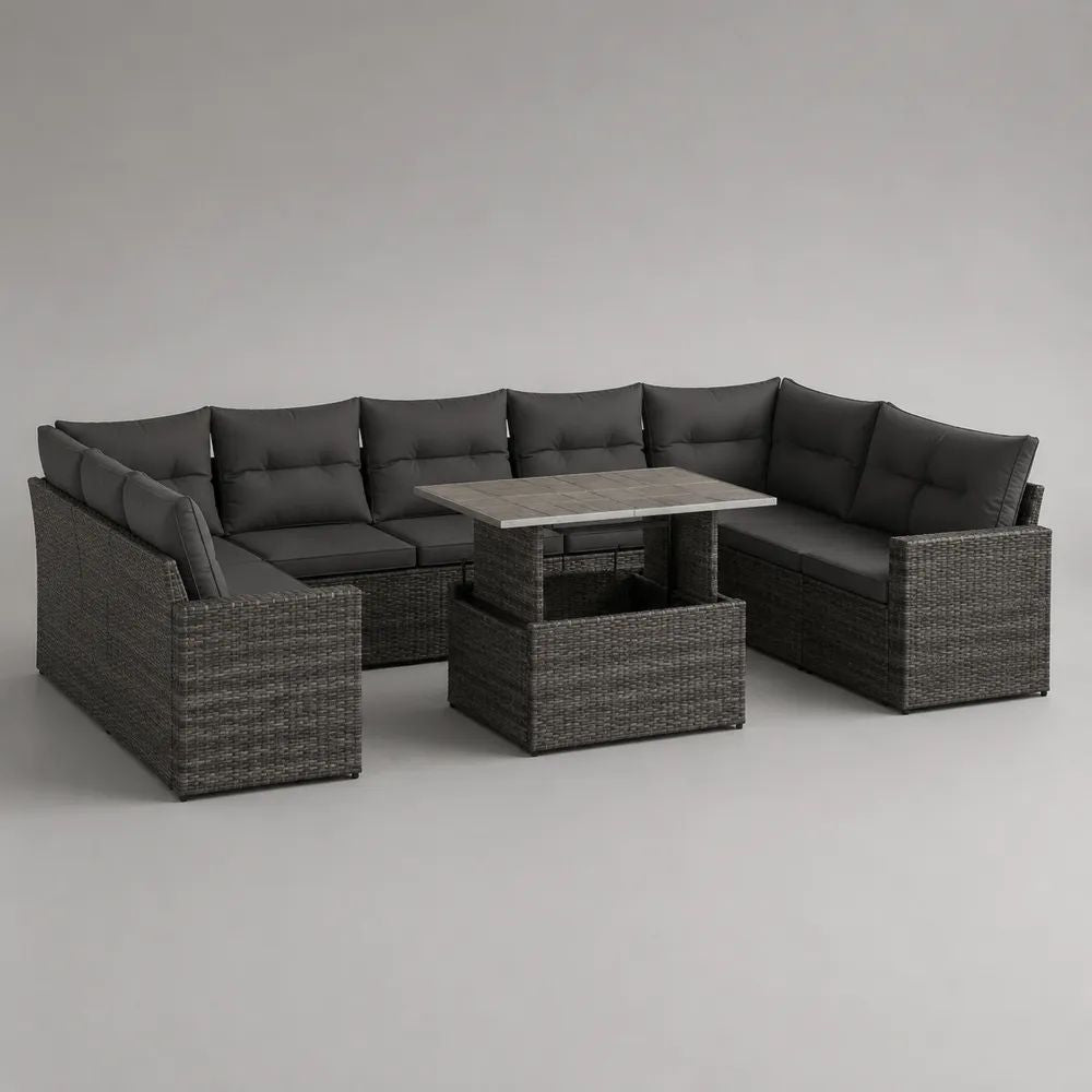 Gartenlounge-Set mit Esstisch, 8-Sitzer in U-Form, PE-Rattan und Stahl, Anthrazit/Grau, 286 x 220 x 85 cm