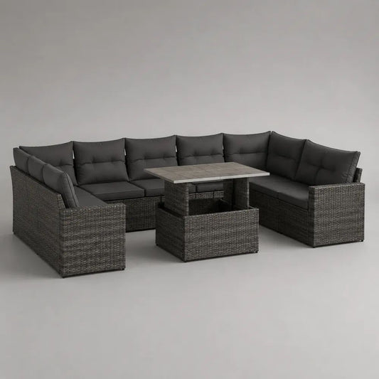 Gartenlounge-Set mit Esstisch, 8-Sitzer in U-Form, PE-Rattan und Stahl, Anthrazit/Grau, 286 x 220 x 85 cm