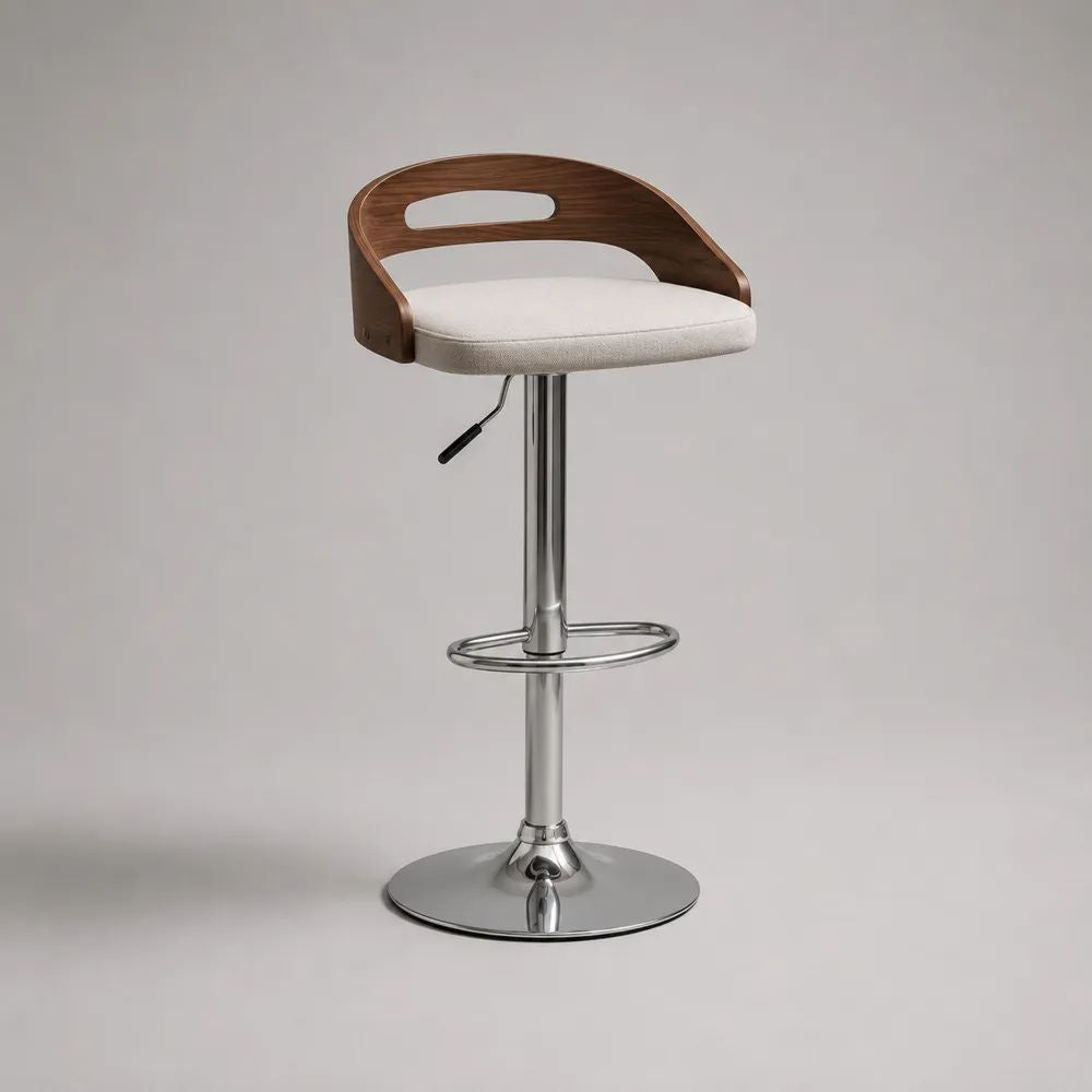 Höhenverstellbarer, drehbarer Barhocker mit Sperrholz-Rückenlehne, Polyesterbezug und Stahlgestell, Braun/Creme/Silber, 50 × 48 × 84–105 cm